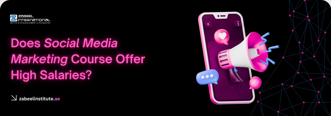 Educational banner from Zabeel International Institute asking 'Does Social Media Marketing Course Offer High Salaries?', featuring 3D digital icons of a megaphone and smartphone to highlight social media career growth and training