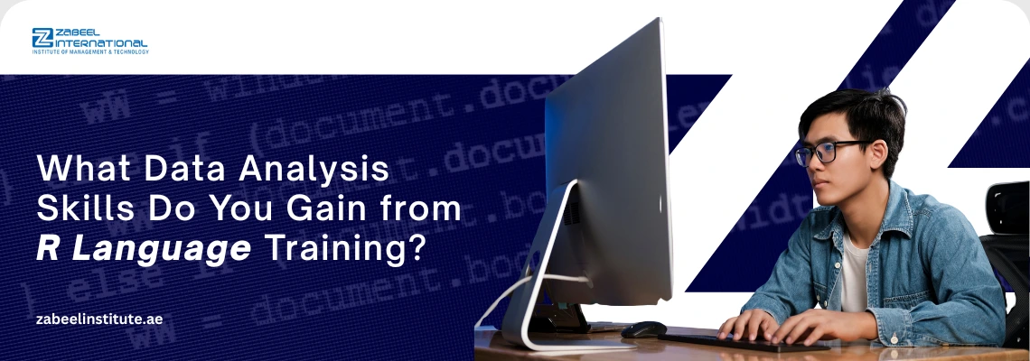 Educational banner for Zabeel International Institute asking 'What Data Analysis Skills Do You Gain from R Language Training?', featuring a data analyst working on a computer with code snippets in the background to promote R programming courses.