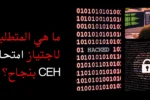 دورة الأمن السيبراني وشهادة CEH الهاكر الأخلاقي في دبي من معهد زعبيل، تظهر أيقونات أمن المعلومات، أقفال رقمية، وأكواد برمجية للاختراق الأخلاقي.
