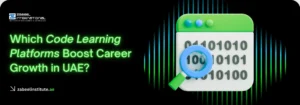 Which Code Learning Platforms Boost Career Growth in UAE? Educational banner from Zabeel International Institute asking 'Which Code Learning Platforms Boost Career Growth in UAE?', featuring a 3D icon of binary code and a magnifying glass to represent coding courses and programming training.