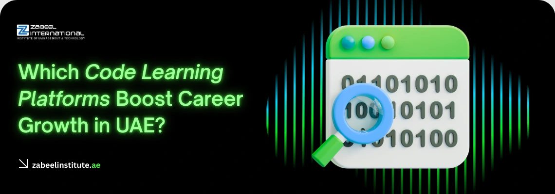 Educational banner from Zabeel International Institute asking 'Which Code Learning Platforms Boost Career Growth in UAE?', featuring a 3D icon of binary code and a magnifying glass to represent coding courses and programming training.