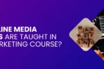 Promotional banner for Zabeel International Institute asking 'Which Online Media Platforms Are Taught in Digital Marketing Course?', featuring a specialist analyzing campaign data and wooden blocks spelling 'MARKETING'.