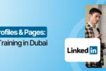 Educational banner for 'LinkedIn Profiles & Pages: Guide and Training in Dubai' at Zabeel Institute, featuring a professional instructor presenting data charts and the official LinkedIn logo.