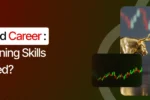 Educational banner from Zabeel International Institute titled 'Stocks and Career: What Training Skills Are Needed?', featuring a gold bull and silver bear statue with candlestick charts to represent stock market trading and financial analysis courses.