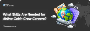 Educational banner from Zabeel International Institute asking 'What Skills Are Needed for Airline Cabin Crew Careers?', featuring 3D icons of a globe, airplane, and boarding pass to promote aviation management and flight attendant training