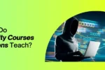 Educational banner from Zabeel International Institute asking 'Which Skills Do Cyber Security Courses & Certifications Teach?', featuring a hooded figure with a laptop against a background of digital binary code to highlight cybersecurity training and network security courses.