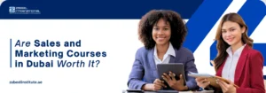 Educational banner from Zabeel International Institute asking 'Are Sales and Marketing Courses in Dubai Worth It?', featuring a 3D blue and white megaphone icon with target symbols to promote business development and strategic marketing training in the UAE.