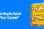 Educational banner from Zabeel International Institute asking 'Is Arabic Learning in Dubai Worth It for Your Career?', featuring a 3D yellow Arabic language textbook with the letter 'Dad' (ض) to promote spoken Arabic and business communication courses.