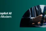 A professional using a laptop with a digital data dashboard overlay on a Zabeel International Institute banner asking 'What Is the Copilot AI Ecosystem in Modern Software?
