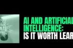 A professional using a tablet to interact with a futuristic digital AI interface, presented on a Zabeel International Institute banner titled 'AI AND ARTIFICIAL INTELLIGENCE: IS IT WORTH LEARNING?