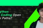A young professional wearing glasses in front of a digital binary code background on a Zabeel International Institute banner titled 'How Can Python Learning & Coding Open New Career Paths?