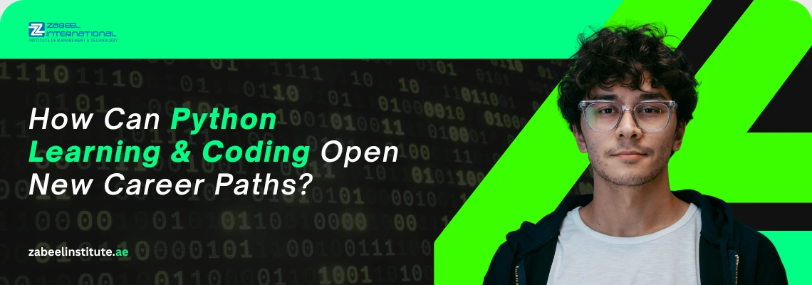 A young professional wearing glasses in front of a digital binary code background on a Zabeel International Institute banner titled 'How Can Python Learning & Coding Open New Career Paths?