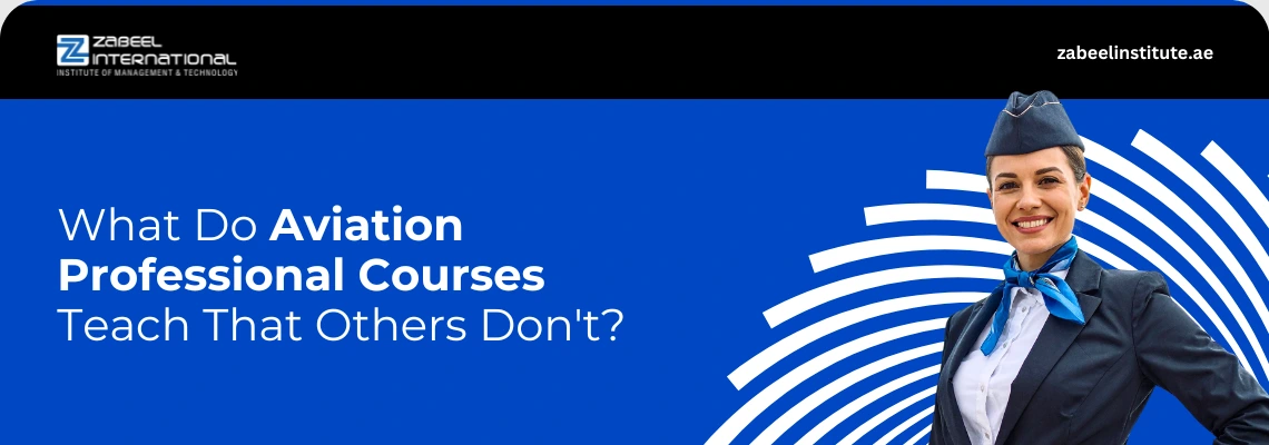 A smiling air hostess in a professional airline cabin crew uniform on a blue Zabeel International Institute banner asking 'What Do Aviation Professional Courses Teach That Others Don't?