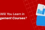 A 3D design of a blue document folder with business data charts and financial reports on a red Zabeel International Institute banner asking 'What Skills Will You Learn in Good Management Courses?