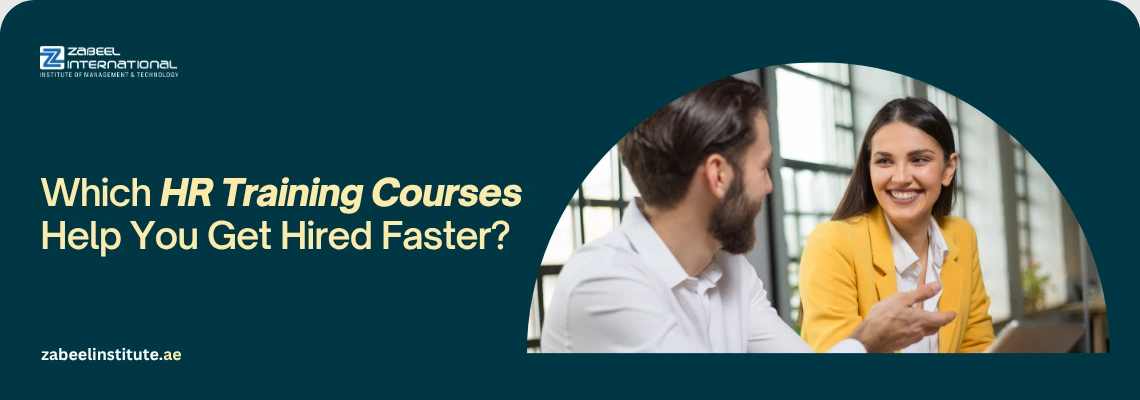 A professional Zabeel International Institute banner featuring two colleagues discussing career development, titled 'Which HR Training Courses Help You Get Hired Faster?