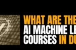 A professional holding a tablet with a glowing AI and machine learning circuit graphic next to the text 'What Are The Best AI Machine Learning Courses in Dubai?' at Zabeel Institute.