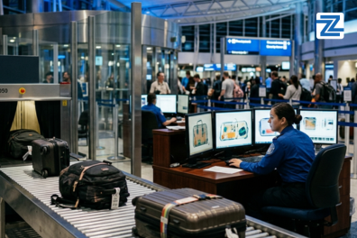 Airport security officer monitoring X-ray baggage scanners for the IATA Aviation Security Awareness training course at Zabeel International Institute.