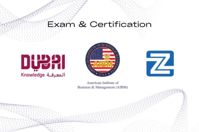 Accreditation and exam details for the Certified Executive Secretary training at Zabeel International Institute, featuring certification logos from KHDA Dubai Knowledge and the American Institute of Business & Management (AIBM).