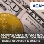 A professional woman reviewing documents; promoting the ACAMS Certification [AML] Training Course for Anti-Money Laundering specialists.