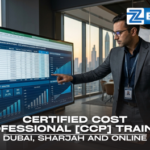 A professional presenting financial data analytics and cost-benefit charts on a large screen in a modern office overlooking the Dubai skyline at Zabeel Institute.