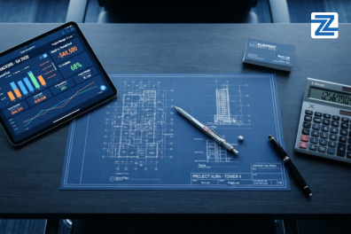 An office desk featuring blue architectural blueprints, a tablet displaying budget tracking charts, a calculator, and a pen for the Certified Cost Professional training course at Zabeel Institute.