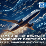 An airplane flying over a financial data / stock market background about Seats, Price, Availability for the IATA Airline Revenue Management Certification at Zabeel Institute in Dubai, Sharjah, and online.