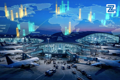 A high-tech digital world map with data charts overlaying a busy international airport terminal, representing global airline revenue management and logistics training.