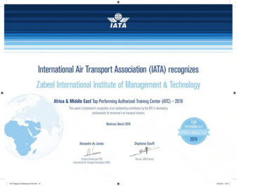 Official International Air Transport Association (IATA) certificate recognizing Zabeel International Institute as a Top Performing Authorized Training Center (ATC) in Africa & Middle East for 2019.