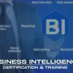 A business professional pointing at "BI" surrounded by keywords like analytics and data mining, promoting Business Intelligence certification and training. Business Intelligence Certification Course in Dubai