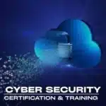 A blue cloud with a padlock, emitting colorful data particles, representing cyber security certification and training.