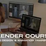 Man using Blender software on laptop and monitor to create 3D character design and animation during a Blender course – 3D design and animation training.