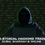 CEH Ethical Hacking Training course in Dubai, Sharjah, and online with instructor and binary code background.