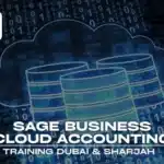 Promotional image for Sage Business Cloud Accounting training in Dubai and Sharjah, featuring database icons and a cloud graphic.