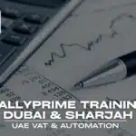 A calculator and pen on financial charts, promoting TallyPrime training in Dubai and Sharjah for UAE VAT and automation.