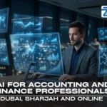 Educational banner for 'AI for Accounting and Finance Professionals' course at Zabeel International Institute, featuring a female professional analyzing digital data charts to highlight fintech training in Dubai.