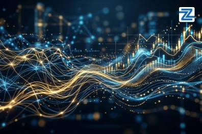 Promotional graphic for 'AI for Accounting and Finance Professionals' at Zabeel Institute, showing a close-up of a professional using a laptop with 3D digital icons representing artificial intelligence in financial services.