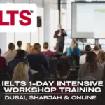 IELTS One-Day Workshop Training Graphic for "IELTS 1 Day Workshop" featuring a professional man with a laptop; highlights intensive exam prep for students in Dubai, Sharjah, and Online.