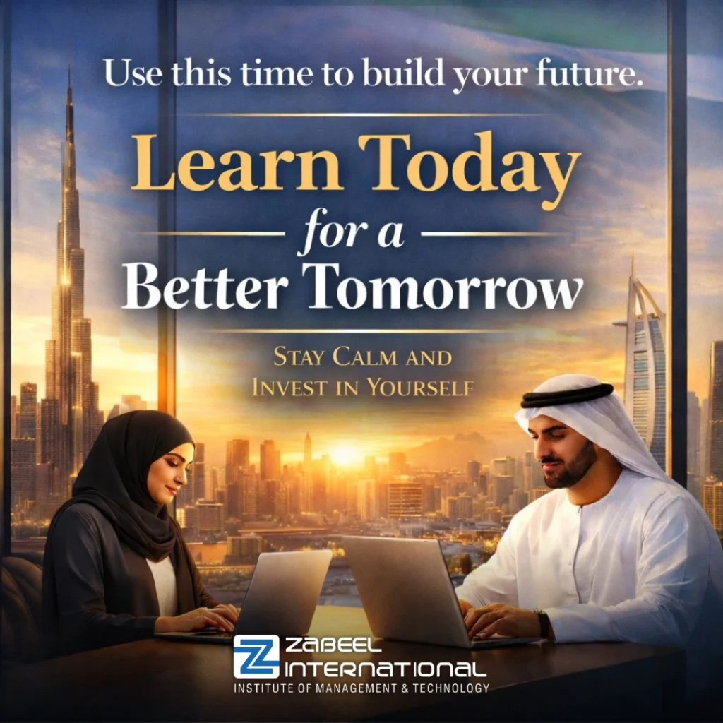 Motivational banner from Zabeel International Institute featuring the text 'Learn Today for a Better Tomorrow' with a professional man and woman working on laptops against a sunset Dubai skyline with the Burj Khalifa.