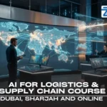 Educational banner for 'AI for Logistics and Supply Chain Professionals' at Zabeel Institute, featuring a logistics manager analyzing digital global shipping networks and automated cargo fleet data in Dubai.