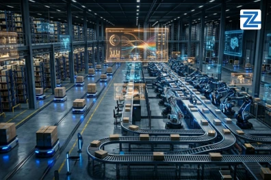 Educational graphic for 'AI for Logistics and Supply Chain Professionals' course by Zabeel Institute, showing a futuristic digital overlay of an automated cargo ship and supply chain network icons to promote AI certification in the UAE.