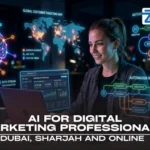 Educational banner for 'AI for Digital Marketing Professionals' at Zabeel Institute, featuring a female marketer using a laptop with digital overlays of a global targeting map and neural network for AI-driven insights in Dubai.
