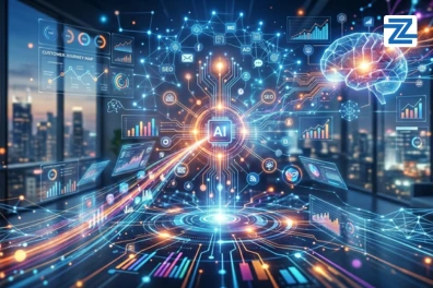 Promotional graphic for 'AI for Digital Marketing Professionals' course at Zabeel Institute, displaying a futuristic 3D digital visualization of an AI processor connecting to data charts and automated marketing workflows.