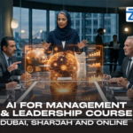 Educational banner for 'AI for Management & Leadership' professional training at Zabeel Institute, featuring a business leader analyzing digital data displays and neural networks for AI-driven decision-making in Dubai.