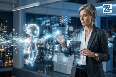 Promotional graphic for 'AI for Management & Leadership' course at Zabeel Institute, showcasing a futuristic 3D digital brain and glowing network nodes representing executive AI strategy and automated leadership workflows.