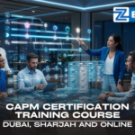 Professional team interacting with a futuristic digital project management timeline on a Zabeel Institute banner for the CAPM Certification Training Course in Dubai, Sharjah, and online.