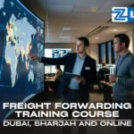 Professional logistics managers analyzing a global supply chain world map for the Freight Forwarding Training Course at Zabeel Institute in Dubai, Sharjah, and online.