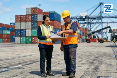 Logistics professionals reviewing paperwork at a shipping container terminal, representing the Freight Forwarding training course at Zabeel International Institute.