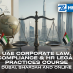 UAE Corporate Law, Compliance & HR Legal Practices Course A professional typing on a laptop with a digital overlay of a legal gavel and compliance icons on a Zabeel Institute banner for the UAE Corporate Law, Compliance & HR Legal Practices Course in Dubai, Sharjah, and online.