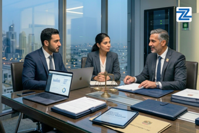 Corporate legal professionals and HR managers reviewing compliance documents in a boardroom setting for the UAE Corporate Law, Compliance, and HR Legal Practices course at Zabeel International Institute.
