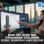 Engineers reviewing BIM scheduling data and structural blueprints on a large monitor with a Dubai skyline view, promoting the BIM 4D and 5D Training Course in Dubai at Zabeel Institute
